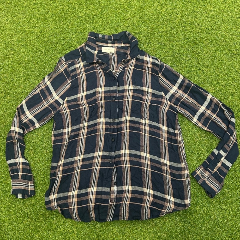 Lucky Brand Navy Blue Tan Plaid Long Sleeve Button Down Shirt Womens Medium